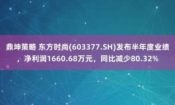 鼎坤策略 东方时尚(603377.SH)发布半年度业绩，净利润1660.68万元，同比减少80.32%